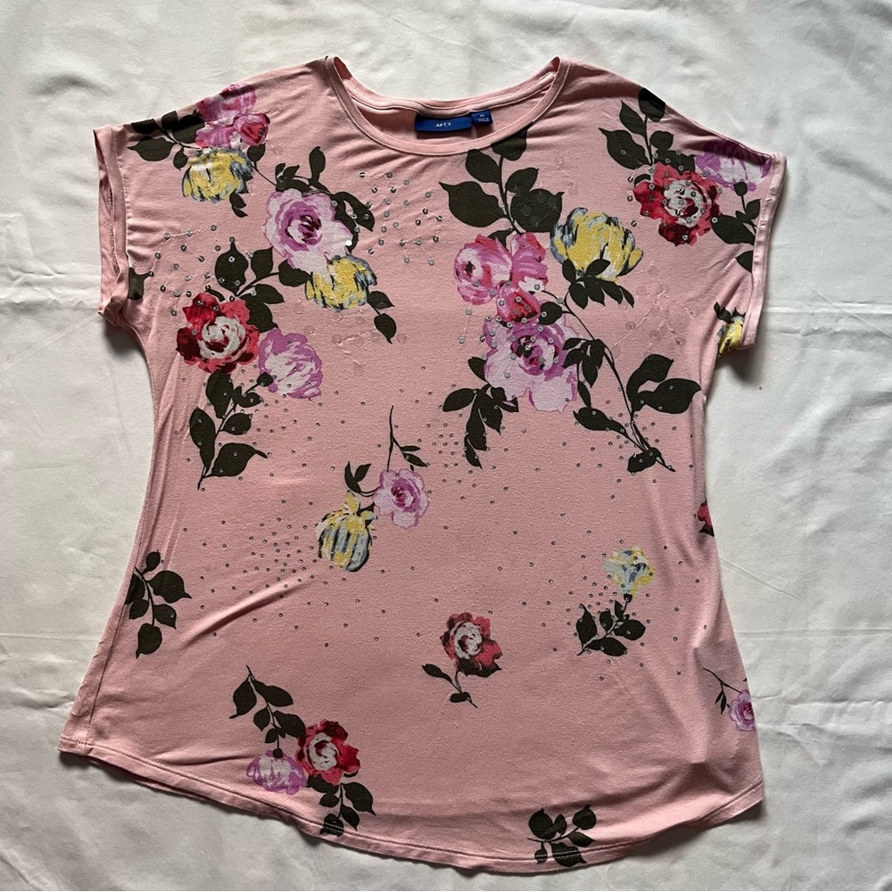 Apt 9 Romantic Boho Chic Crew Neck Short Sleeve T-Shirt, Sz M, Blush Pink Floral